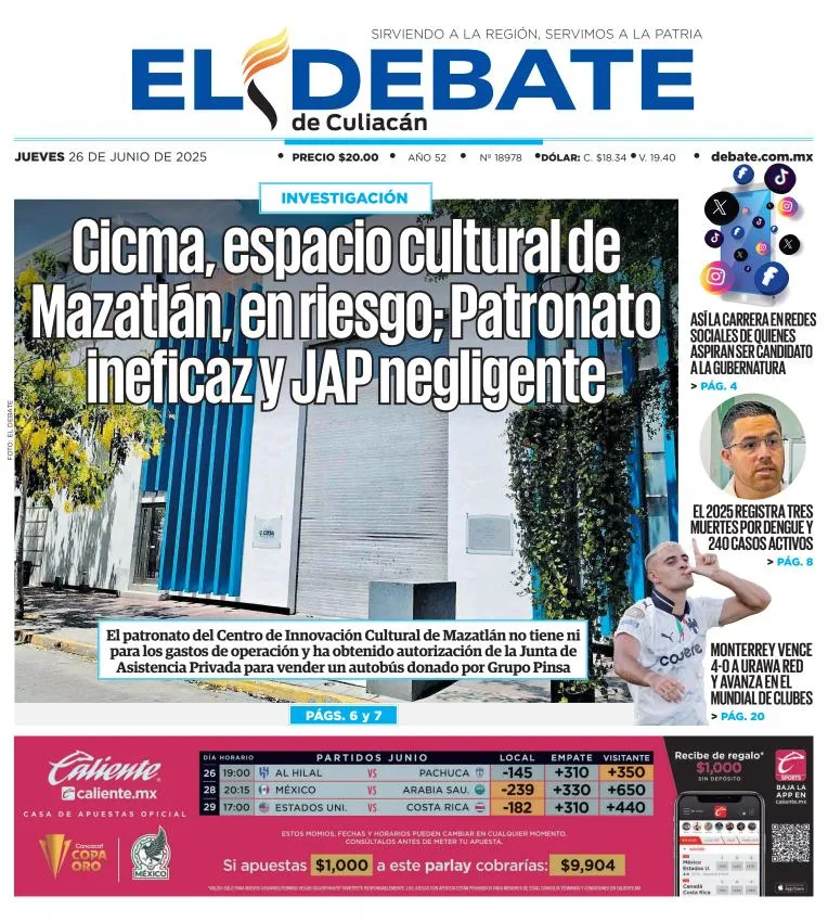 Portada de El Debate de Culiacan del jueves, 26 de junio de 2025