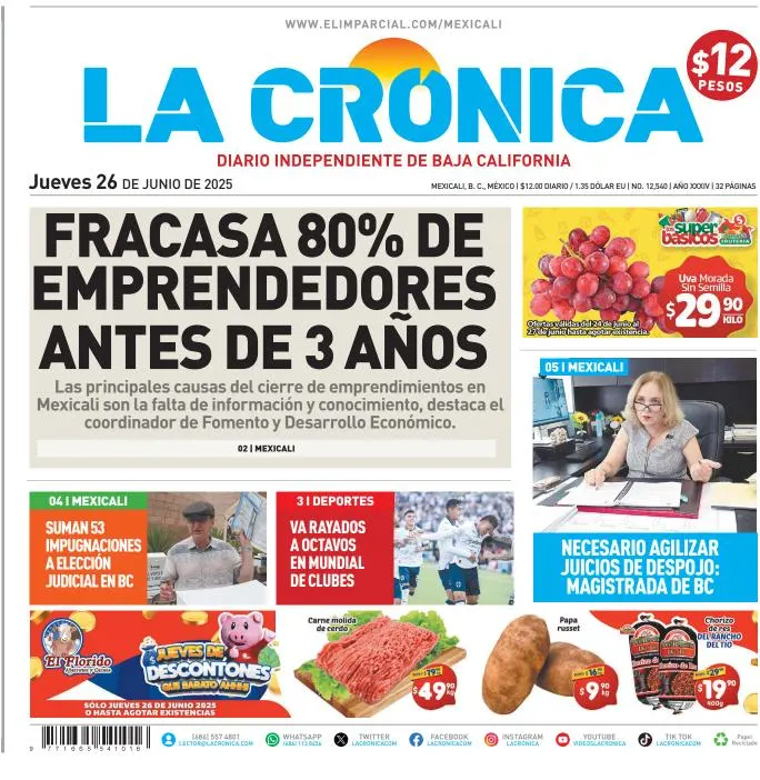 Portada de La Cronica del jueves, 26 de junio de 2025