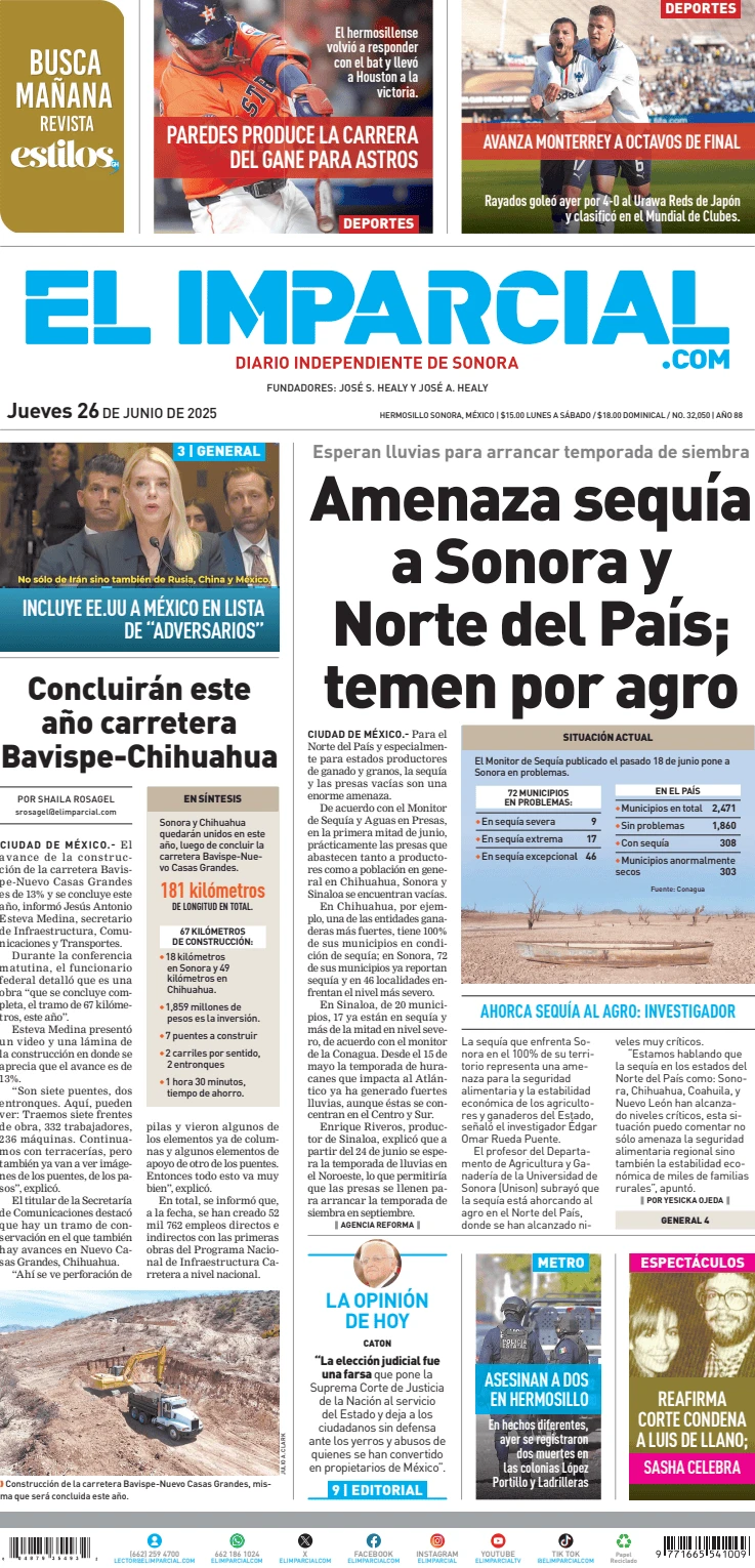 Portada de El Imparcial del jueves, 26 de junio de 2025