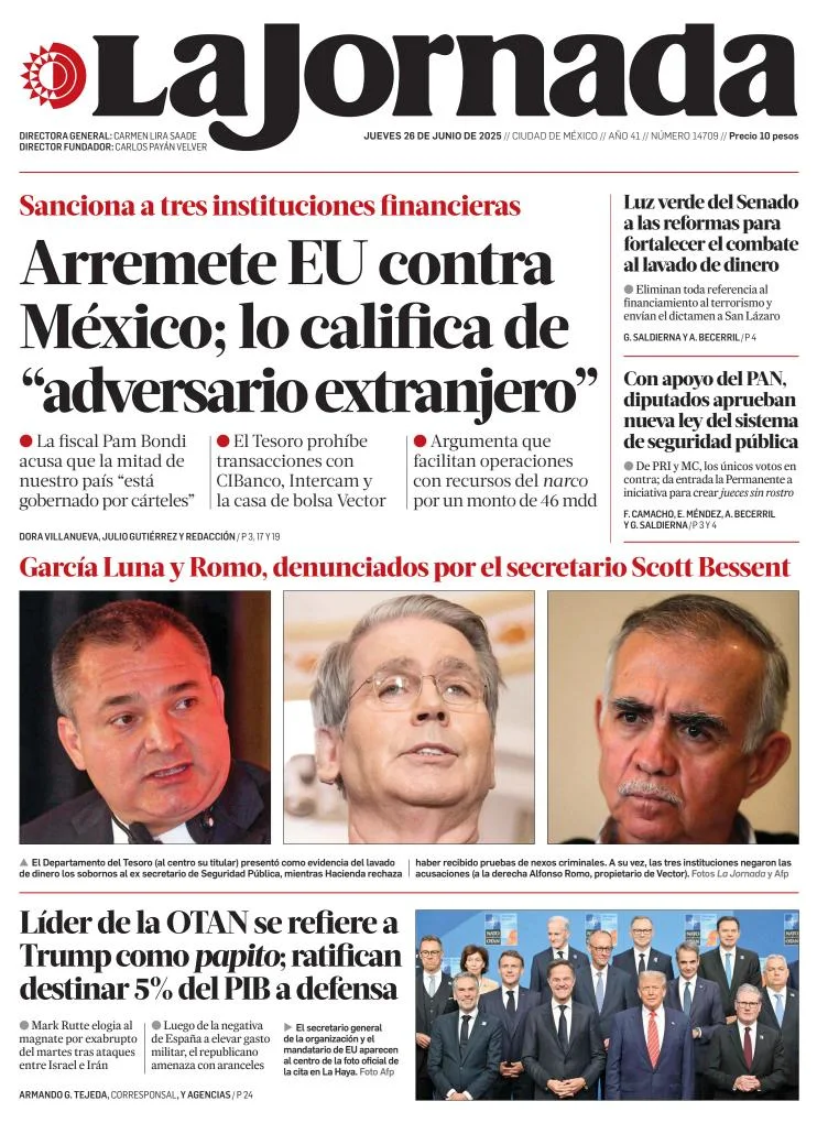Portada de La Jornada del jueves, 26 de junio de 2025