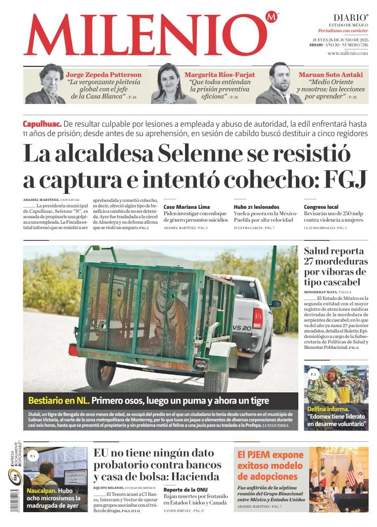 Portada de Milenio Edo de Mexico del jueves, 26 de junio de 2025