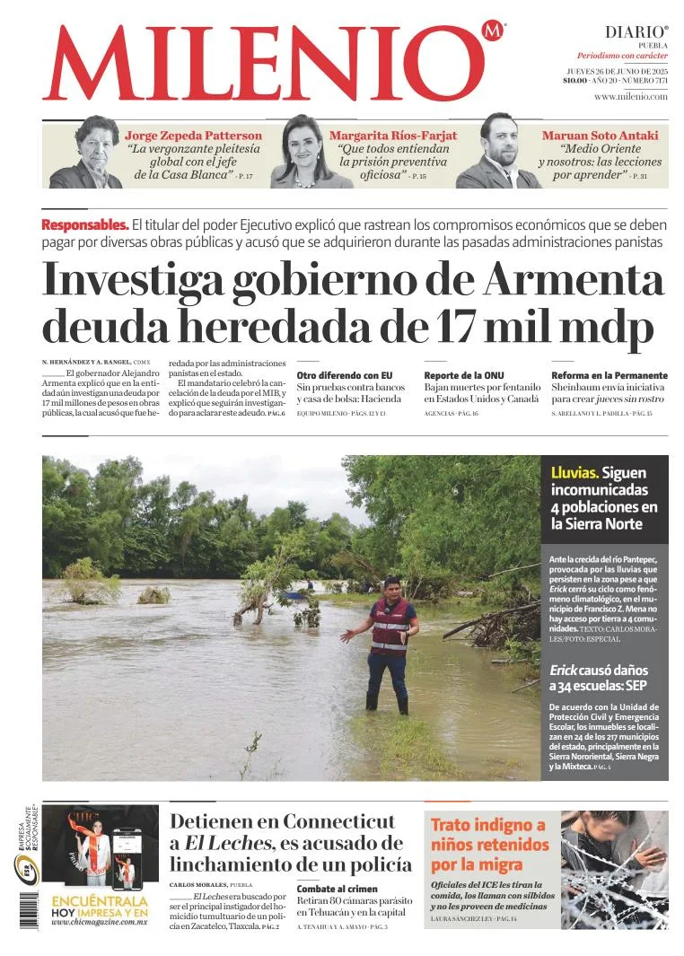 Portada de Milenio Puebla del jueves, 26 de junio de 2025