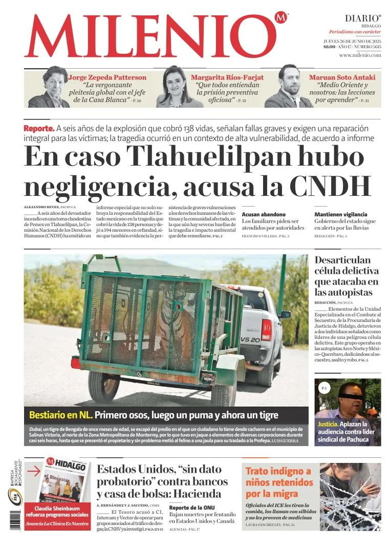 Portada de Milenio Hidalgo del jueves, 26 de junio de 2025