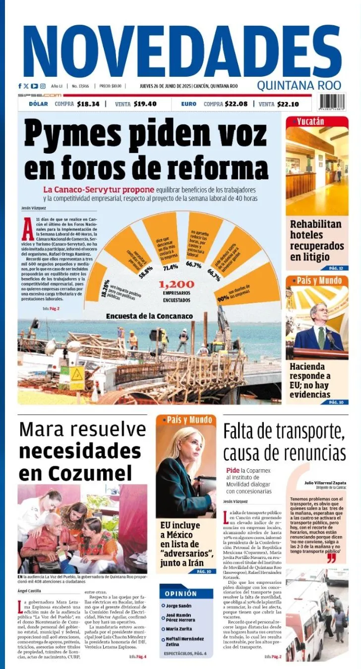 Portada de Novedades Quintana Roo del jueves, 26 de junio de 2025