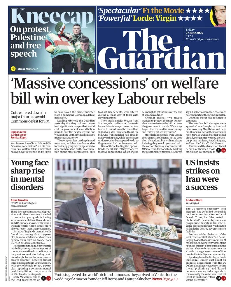 Portada de The Guardian (reino Unido) del viernes, 27 de junio de 2025