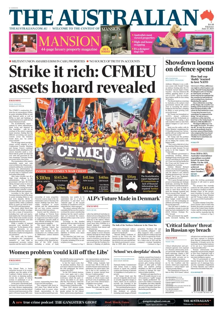 Portada de The Australian del viernes, 27 de junio de 2025