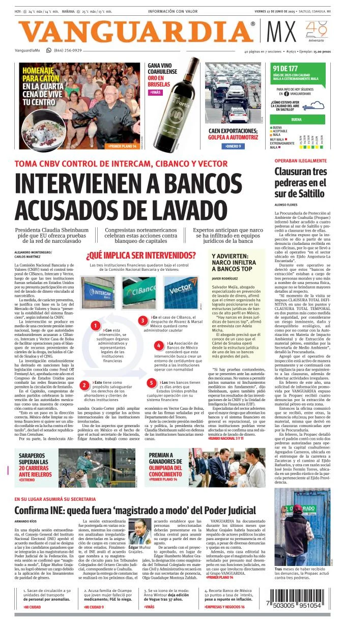 Portada de Vanguardia del viernes, 27 de junio de 2025