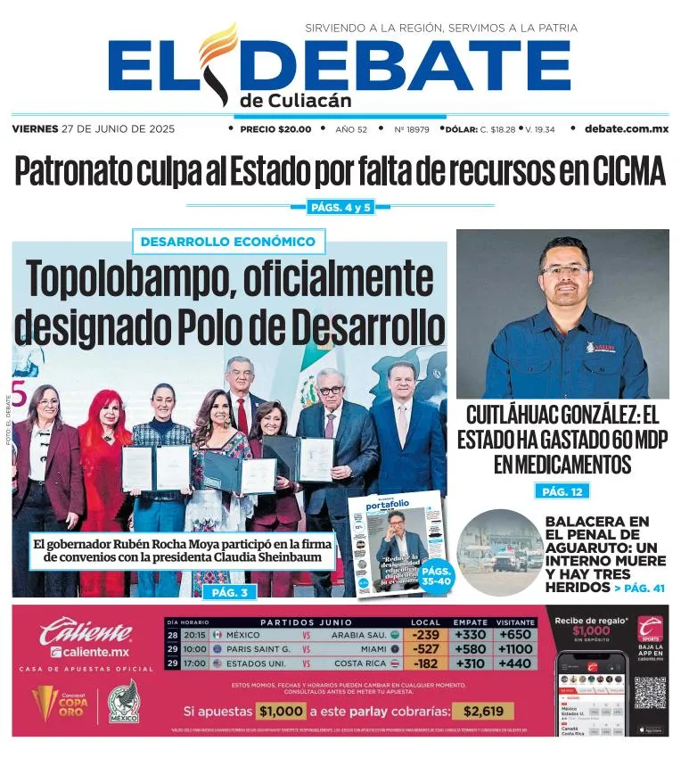 Portada de El Debate de Culiacan del viernes, 27 de junio de 2025