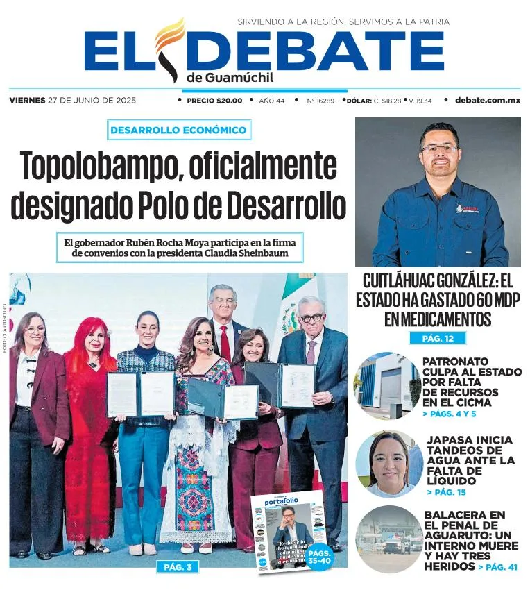 Portada de El Debate de Guamuchil del viernes, 27 de junio de 2025