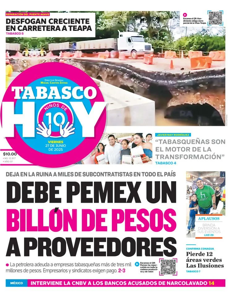 Portada de Tabasco Hoy del viernes, 27 de junio de 2025