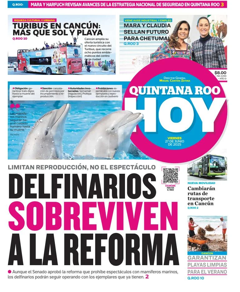 Portada de Quintana Roo Hoy del viernes, 27 de junio de 2025