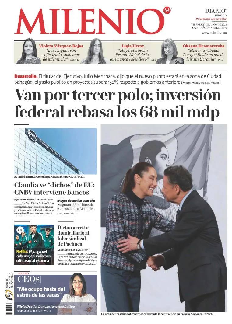 Portada de Milenio Hidalgo del viernes, 27 de junio de 2025