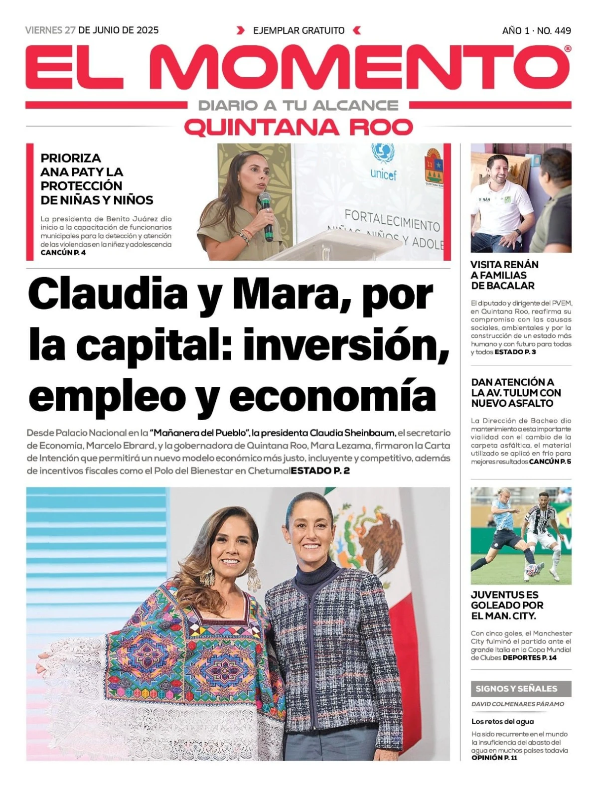 Portada de El Momento Quintana Roo del viernes, 27 de junio de 2025
