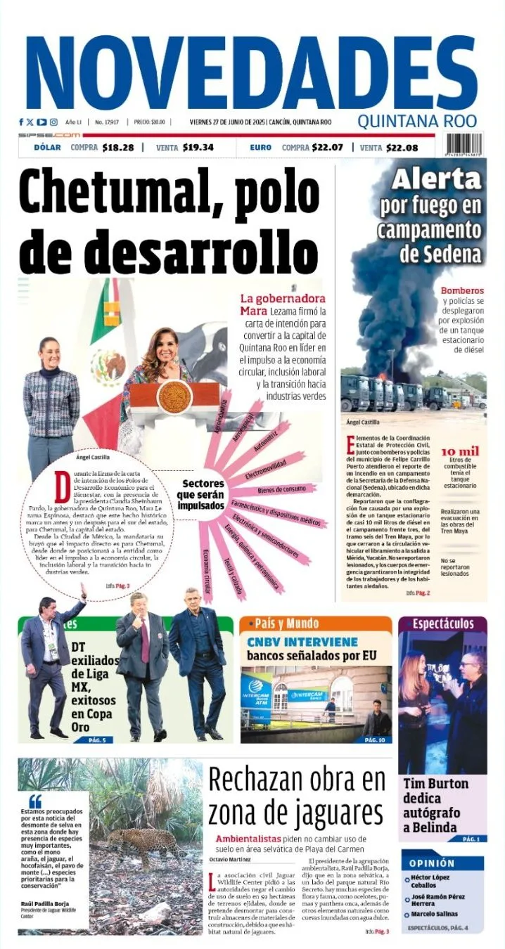 Portada de Novedades Quintana Roo del viernes, 27 de junio de 2025