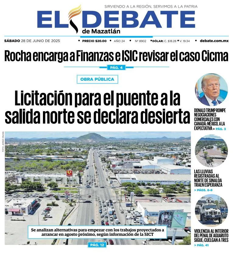 Portada de El Debate de Mazatlan del sábado, 28 de junio de 2025