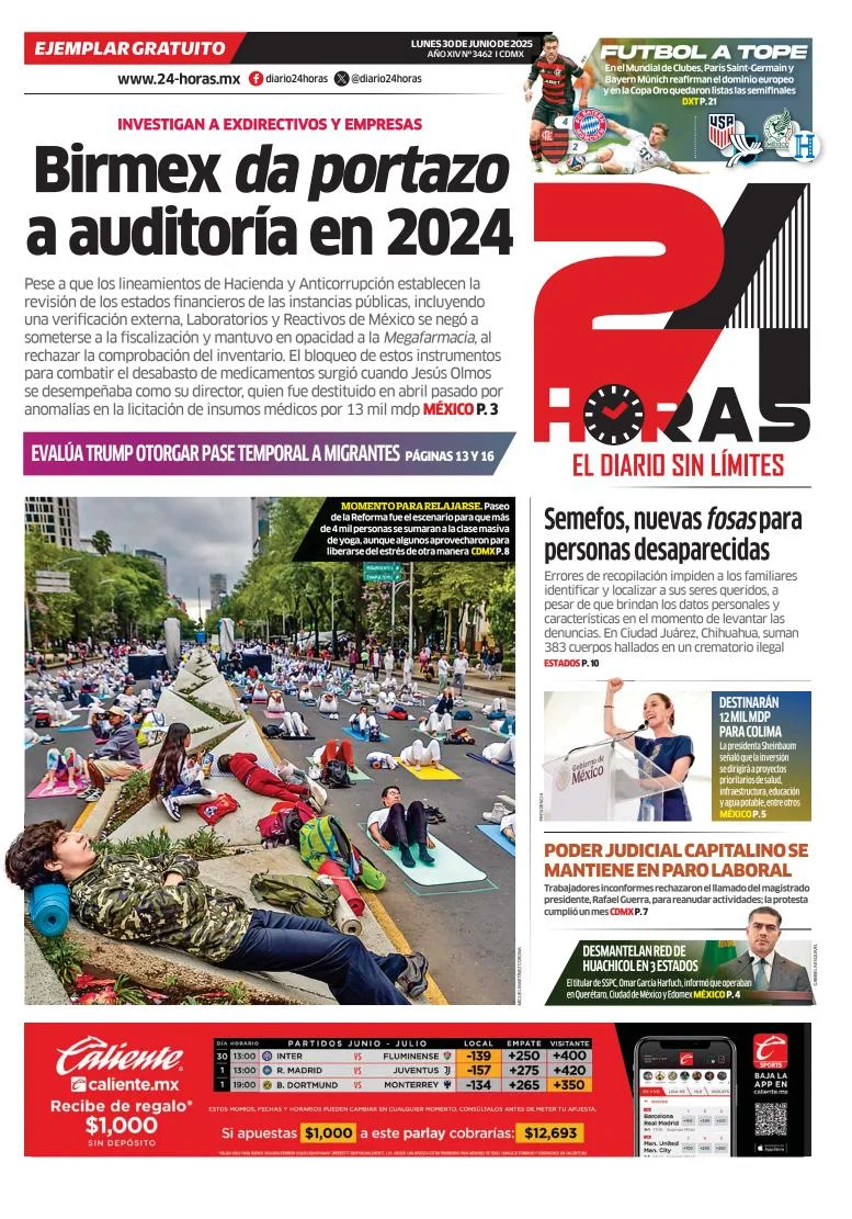 Portada de 24 Horas del lunes, 30 de junio de 2025
