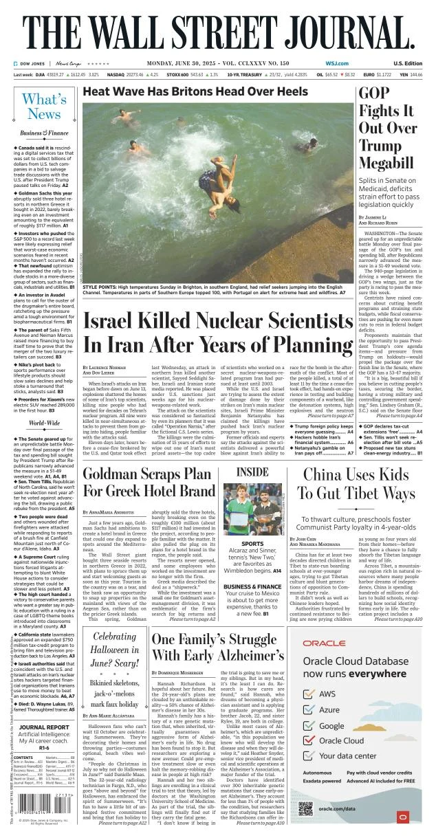 Portada de The Wall Street Journal del lunes, 30 de junio de 2025