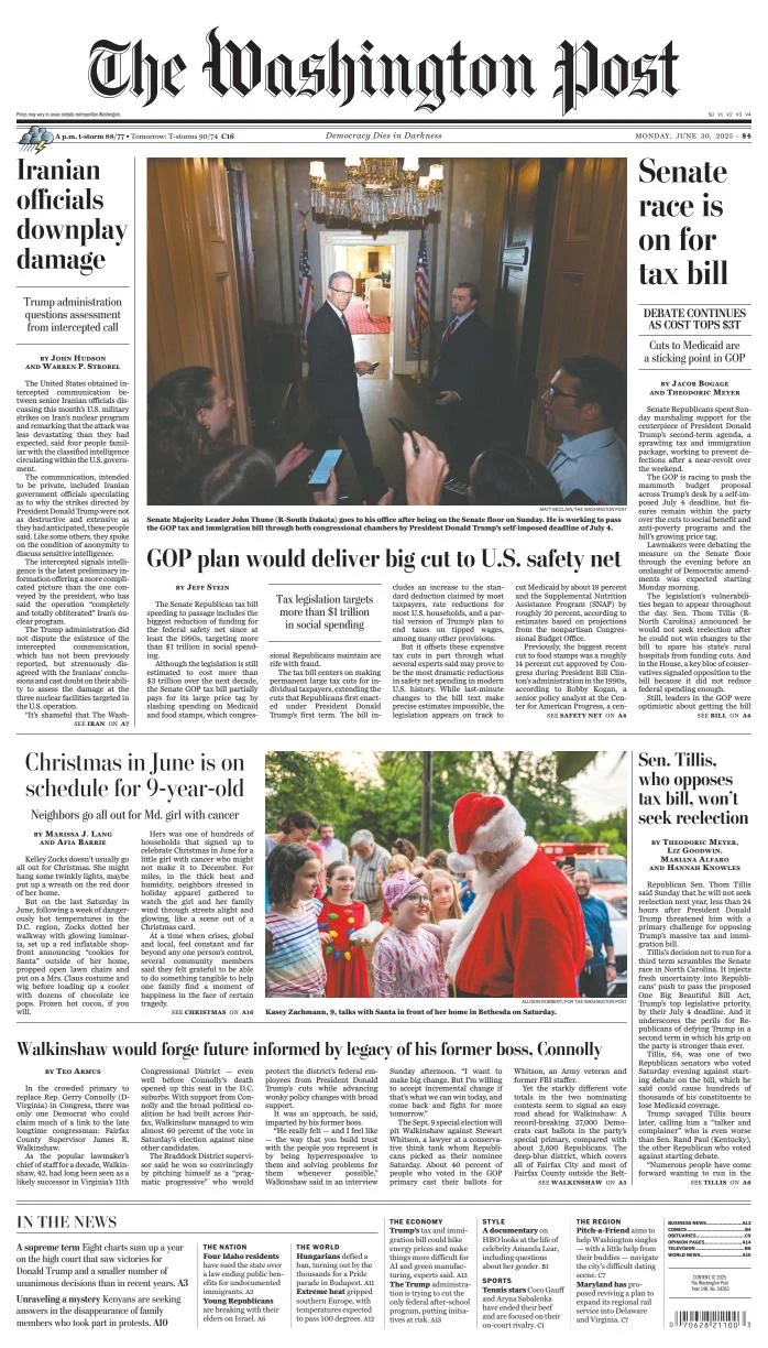 Portada de The Washington Post del lunes, 30 de junio de 2025