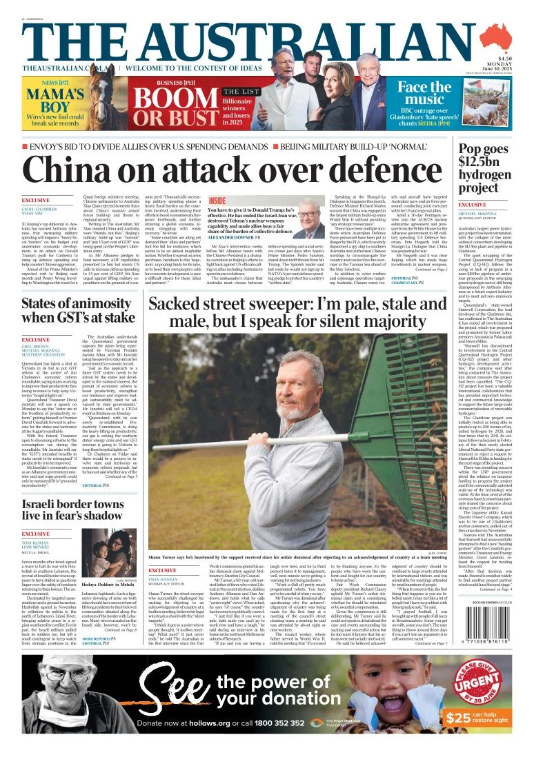 Portada de The Australian del lunes, 30 de junio de 2025