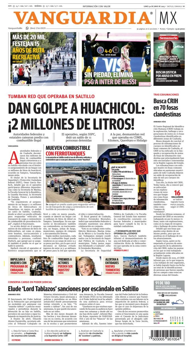 Portada de Vanguardia del lunes, 30 de junio de 2025