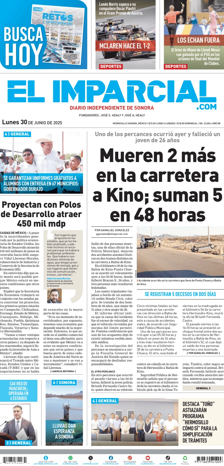 Portada de El Imparcial del lunes, 30 de junio de 2025