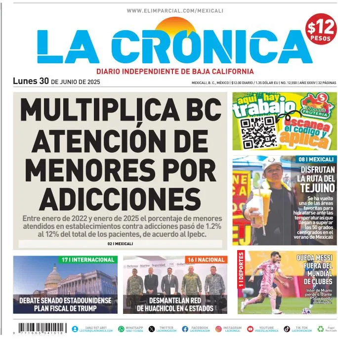 Portada de La Cronica del lunes, 30 de junio de 2025