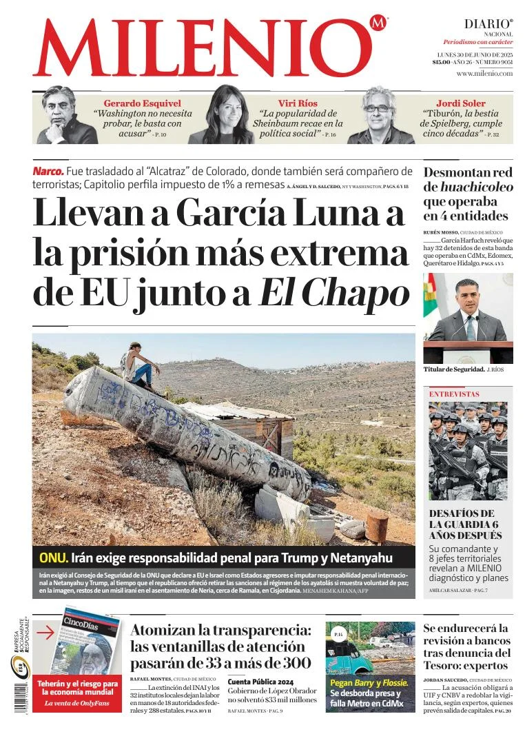 Portada de Milenio del lunes, 30 de junio de 2025