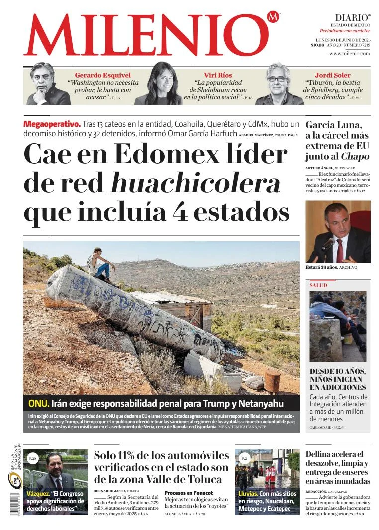 Portada de Milenio Edo de Mexico del lunes, 30 de junio de 2025