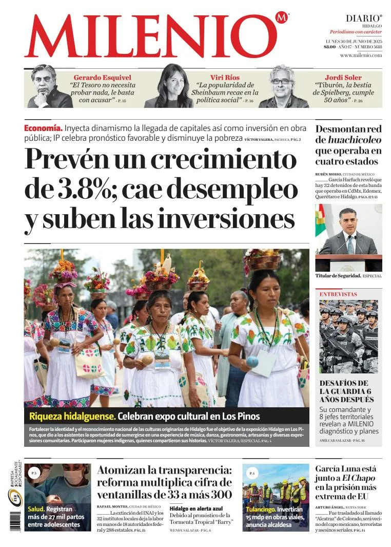 Portada de Milenio Hidalgo del lunes, 30 de junio de 2025