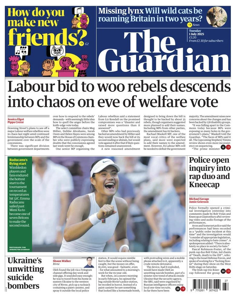 Portada de The Guardian (reino Unido) del martes, 1 de julio de 2025