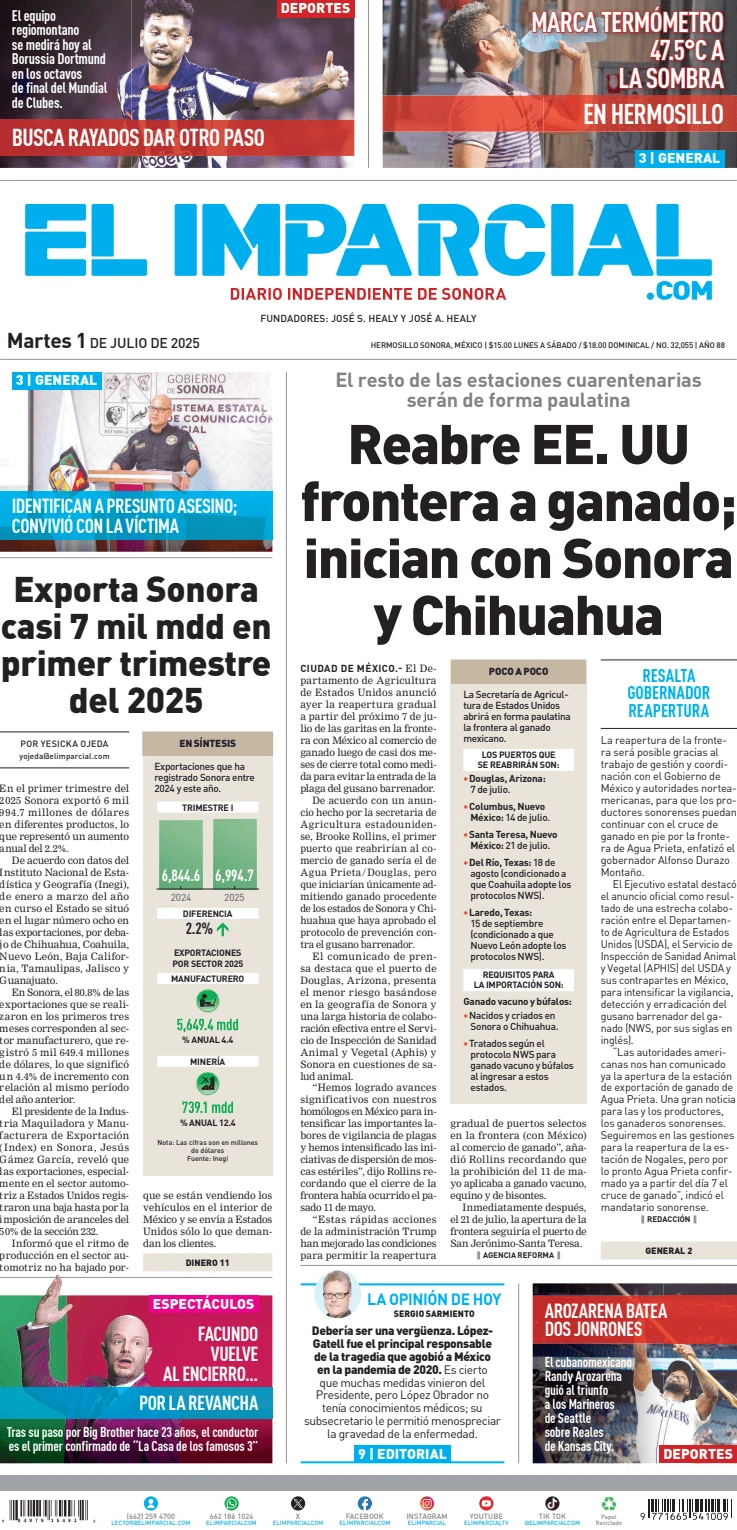 Portada de El Imparcial del martes, 1 de julio de 2025