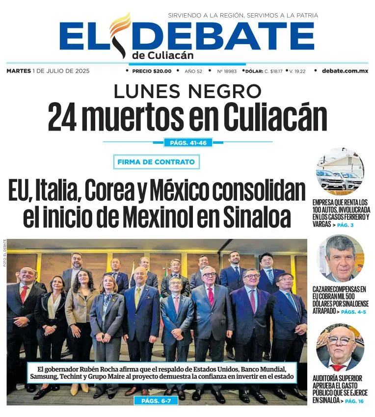 Portada de El Debate de Culiacan del martes, 1 de julio de 2025