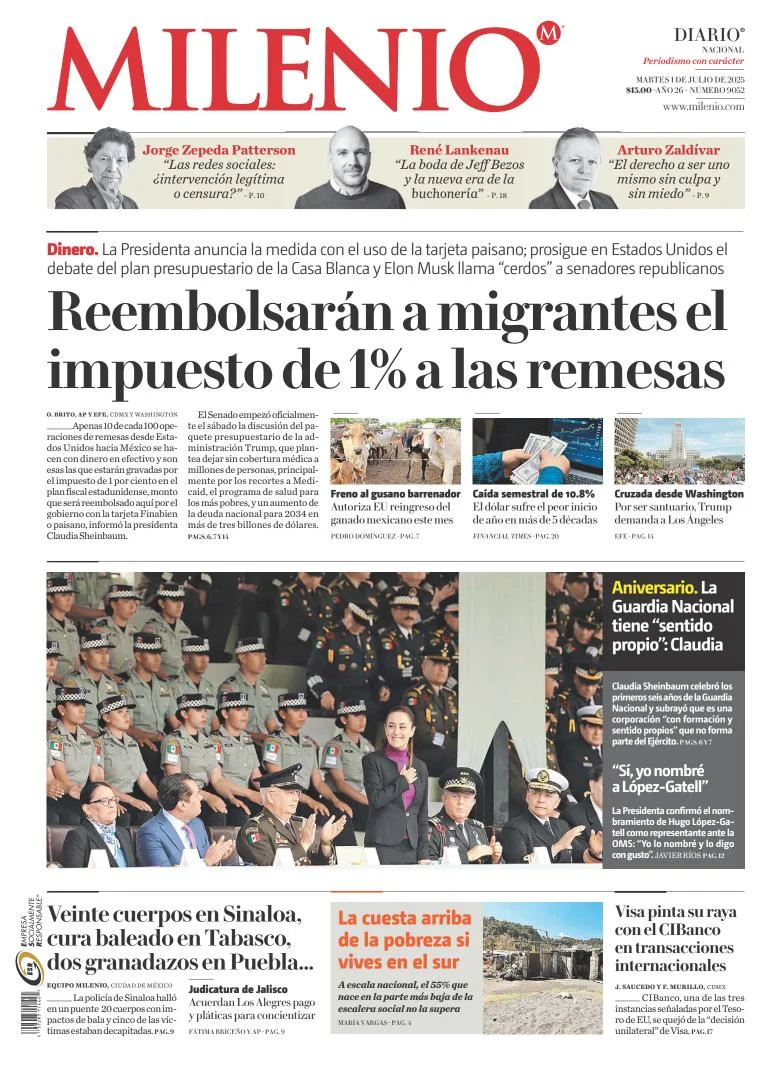 Portada de Milenio del martes, 1 de julio de 2025