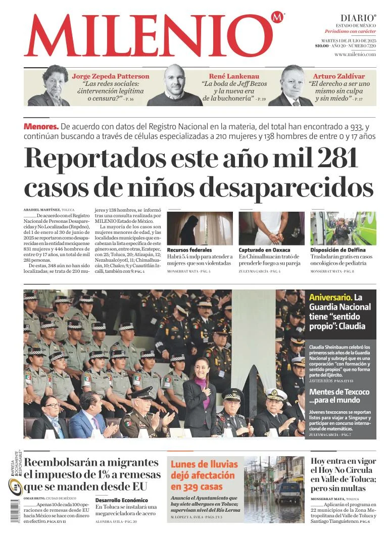 Portada de Milenio Edo de Mexico del martes, 1 de julio de 2025