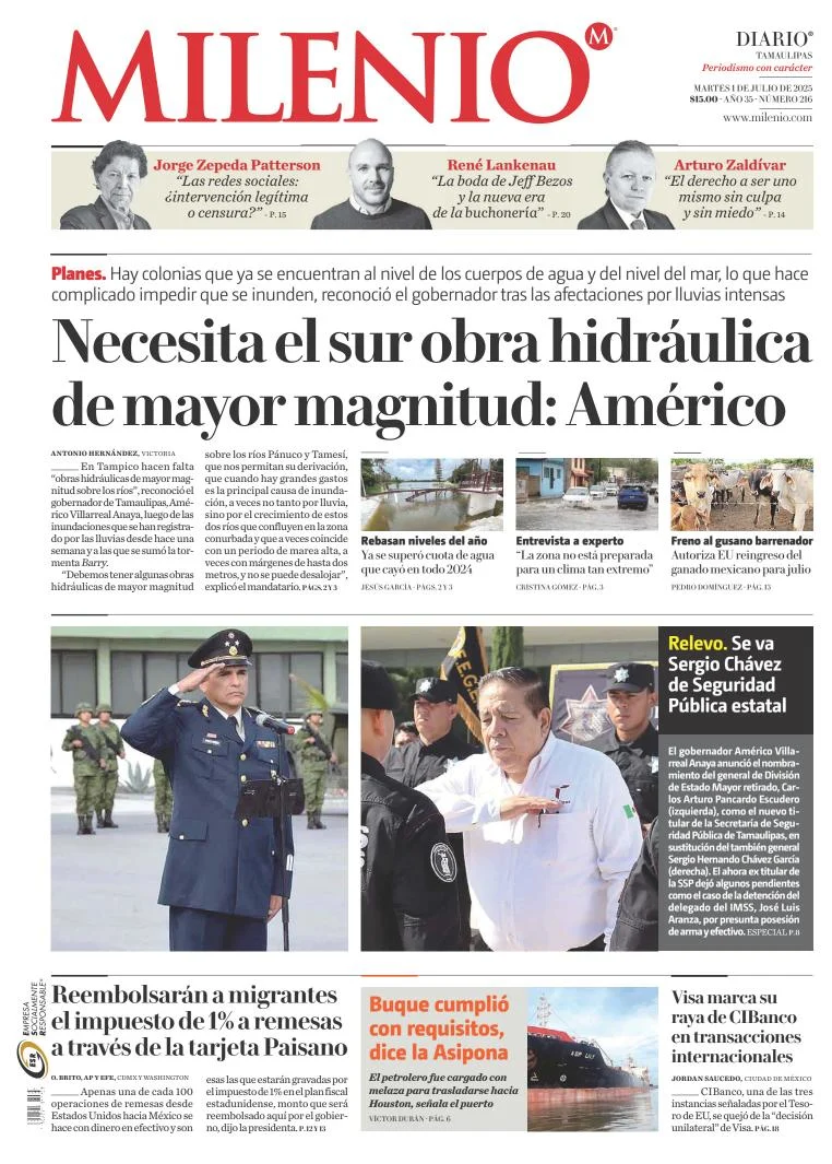 Portada de Milenio Tamaulipas del martes, 1 de julio de 2025