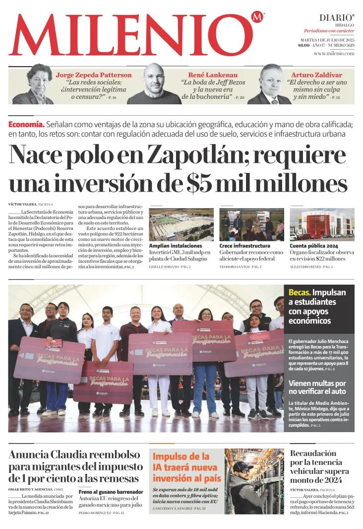 Portada de Milenio Hidalgo del martes, 1 de julio de 2025