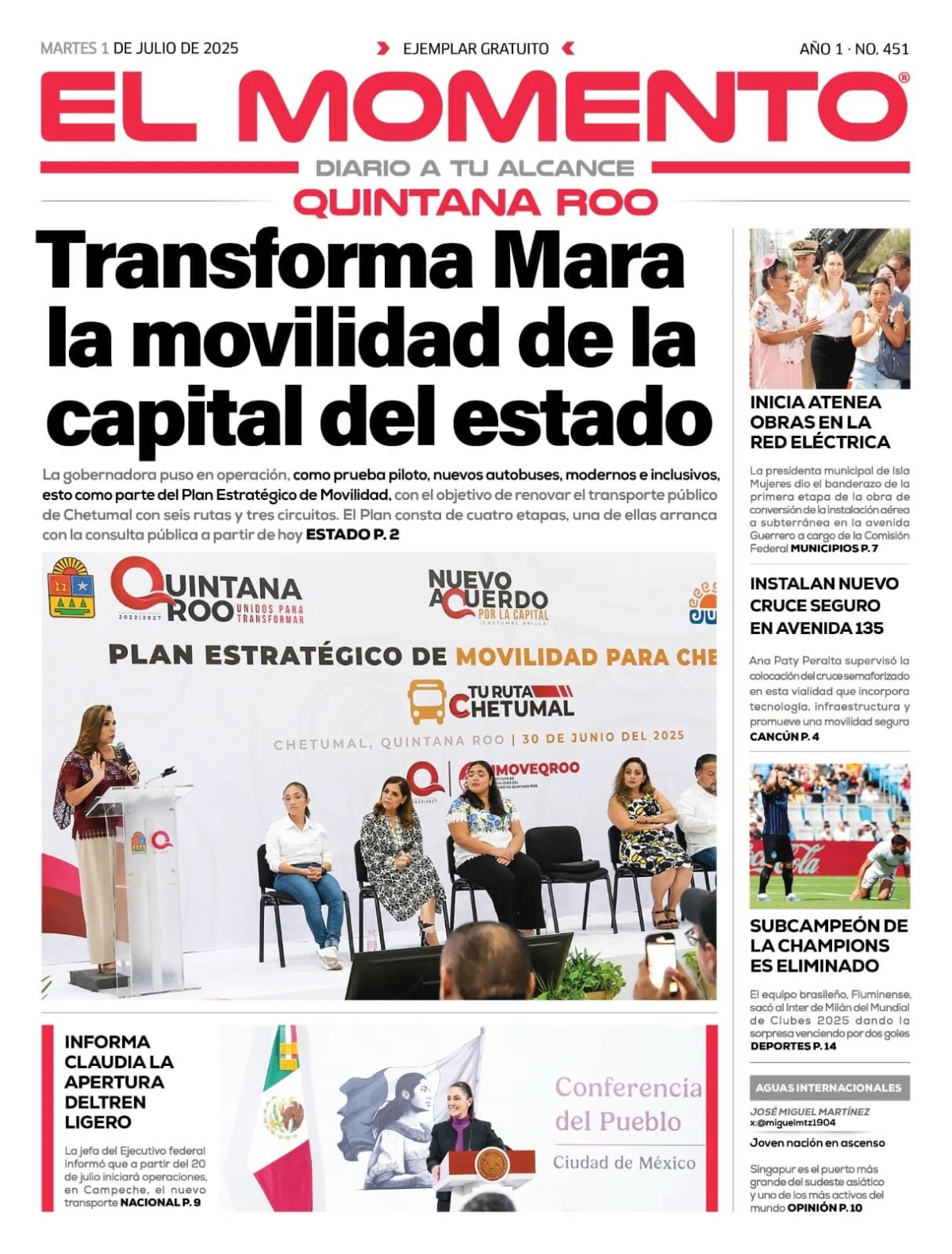 Portada de El Momento Quintana Roo del martes, 1 de julio de 2025