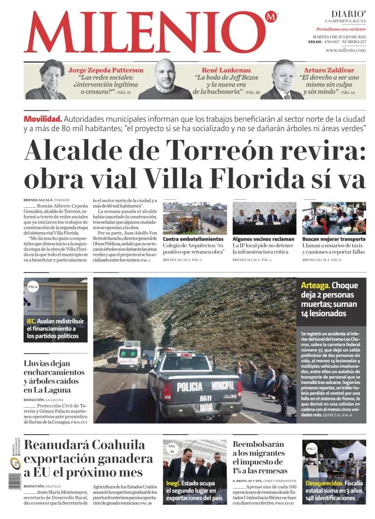Portada de Milenio Laguna del martes, 1 de julio de 2025