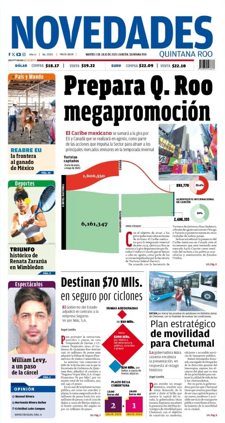 Portada de Novedades Quintana Roo del martes, 1 de julio de 2025