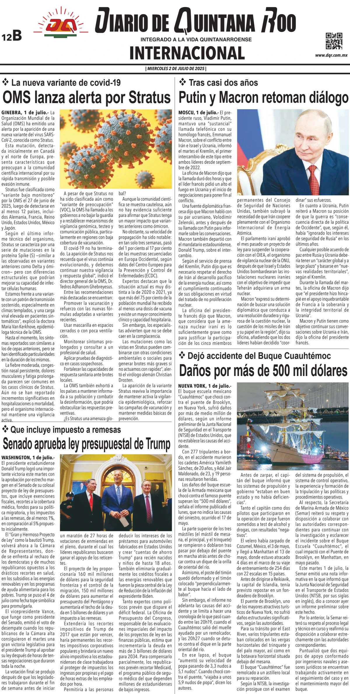 Portada de Diario de Quintana Roo (contra Portada)