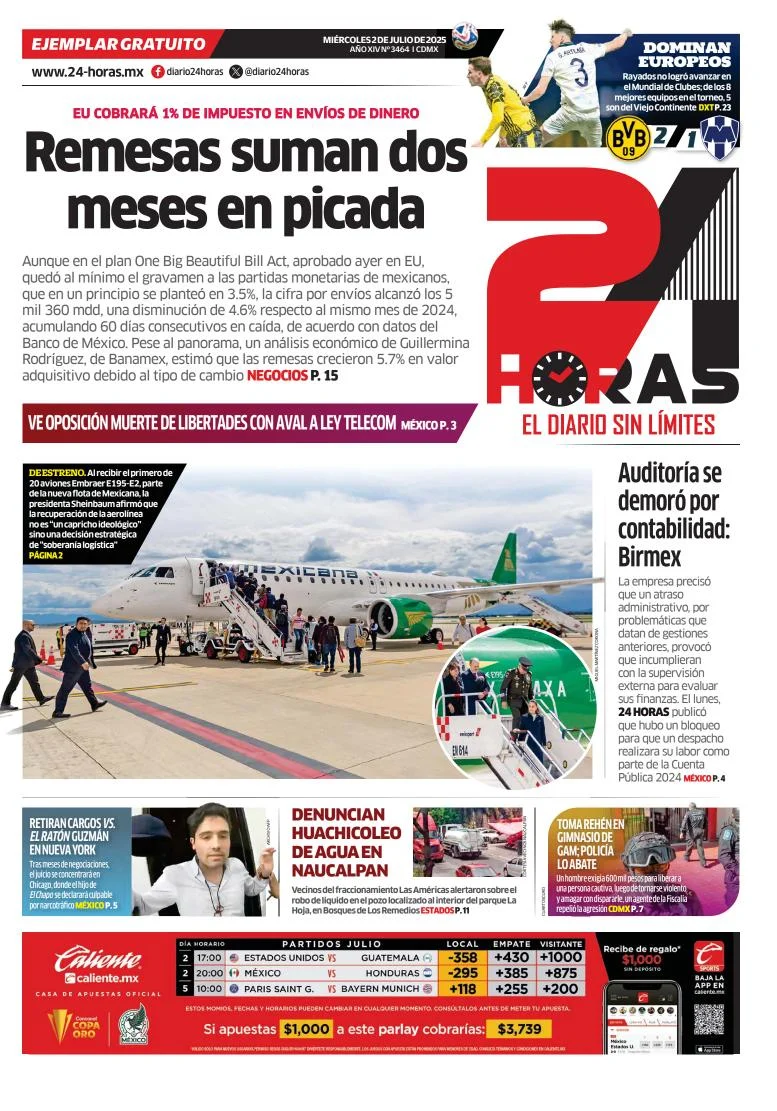 Portada de 24 Horas del miércoles, 2 de julio de 2025