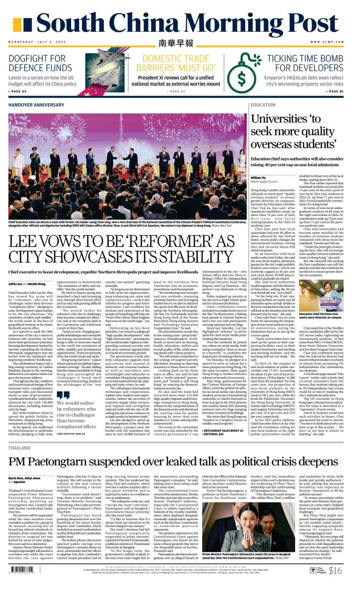 Portada de South China Morning Post del miércoles, 2 de julio de 2025