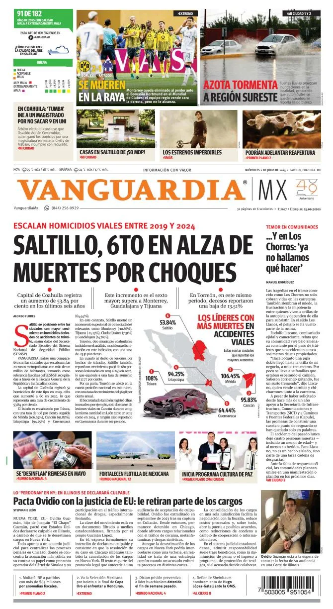 Portada de Vanguardia del miércoles, 2 de julio de 2025