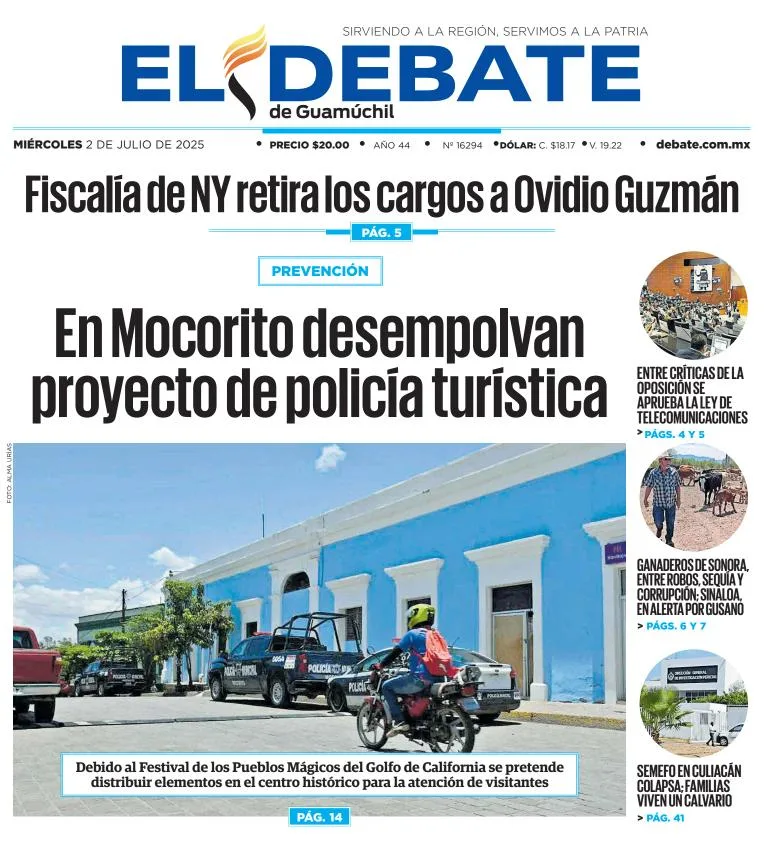 Portada de El Debate de Guamuchil del miércoles, 2 de julio de 2025