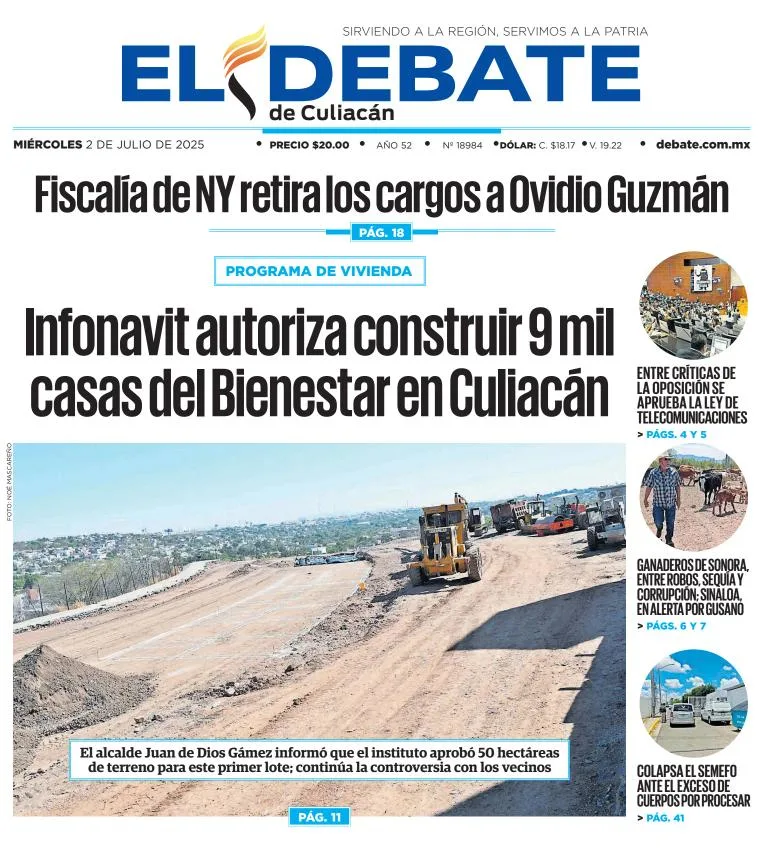 Portada de El Debate de Culiacan del miércoles, 2 de julio de 2025