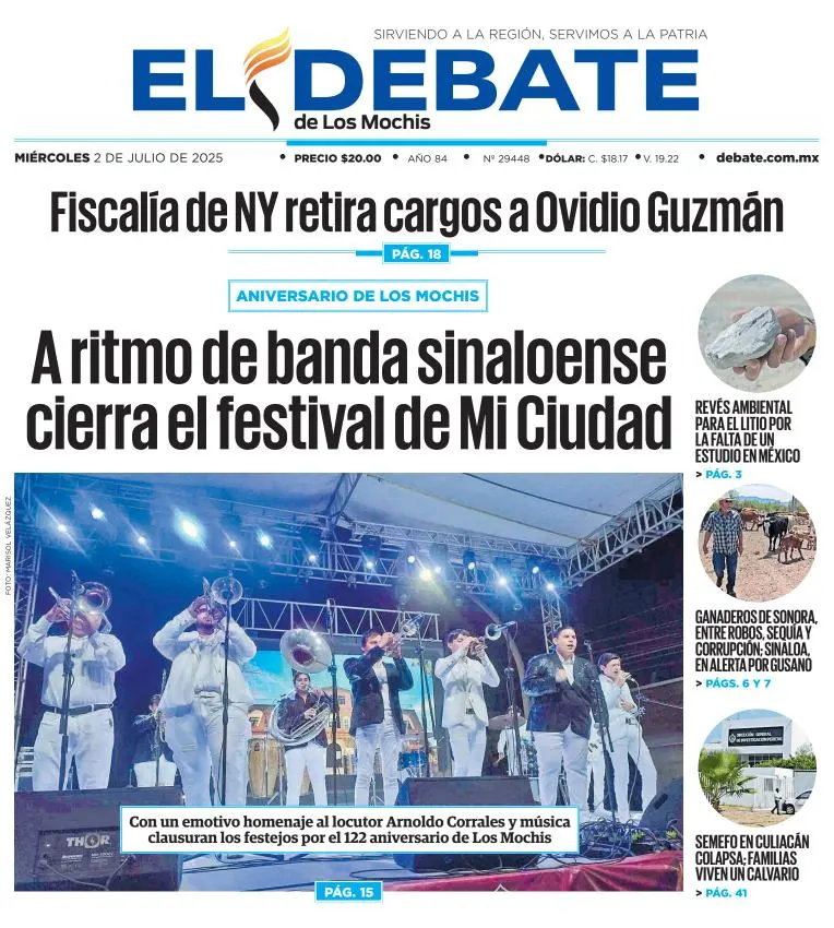 Portada de El Debate de los Mochis del miércoles, 2 de julio de 2025