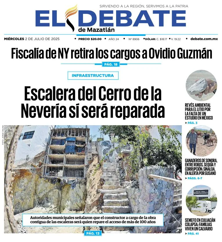 Portada de El Debate de Mazatlan del miércoles, 2 de julio de 2025