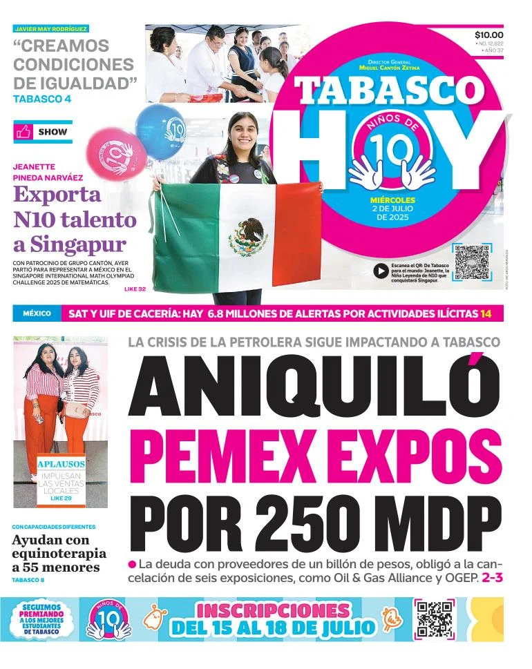 Portada de Tabasco Hoy del miércoles, 2 de julio de 2025