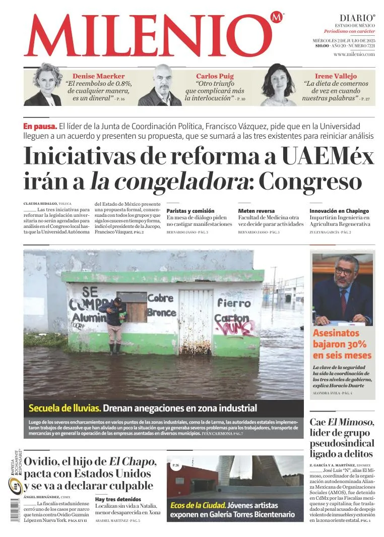 Portada de Milenio Edo de Mexico del miércoles, 2 de julio de 2025