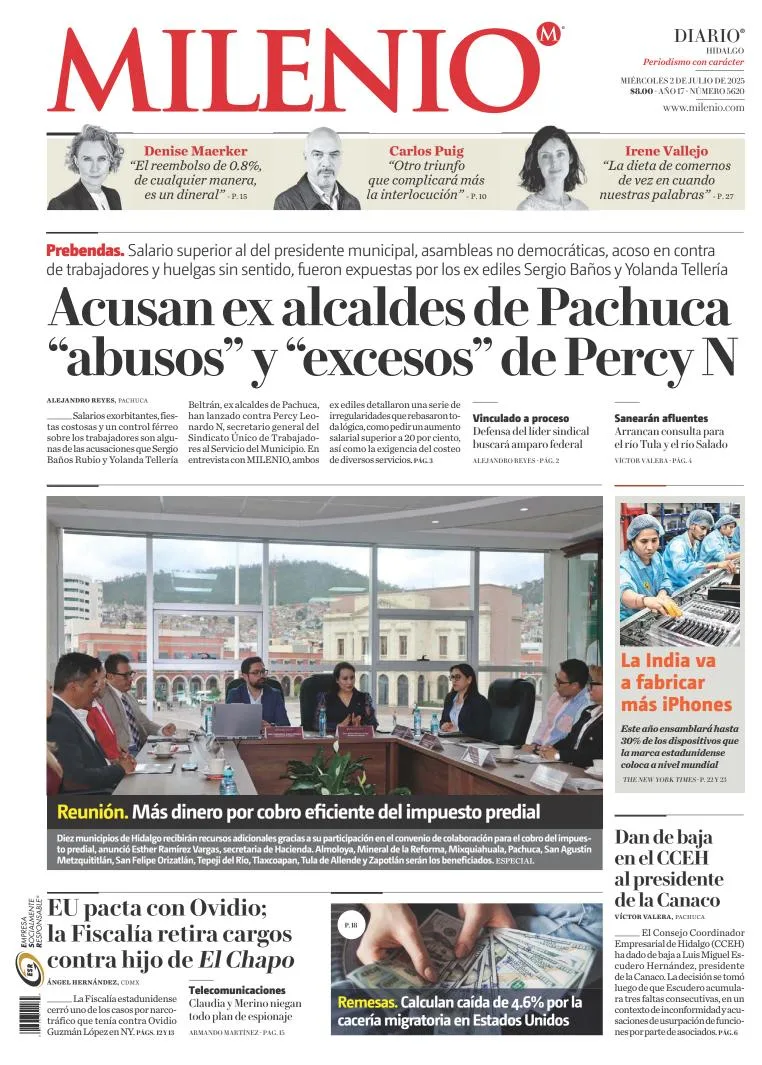 Portada de Milenio Hidalgo del miércoles, 2 de julio de 2025